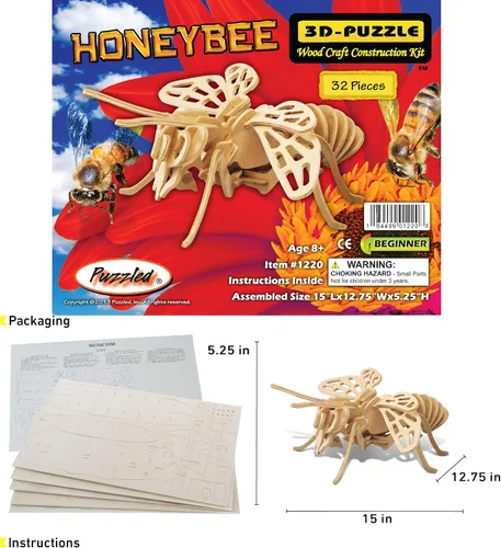 Vista 2 de Puzzled Rompecabezas 3D de madera de abeja de abeja, kit de modelo de construcción único y educativo, juguete de insectos de madera para armar