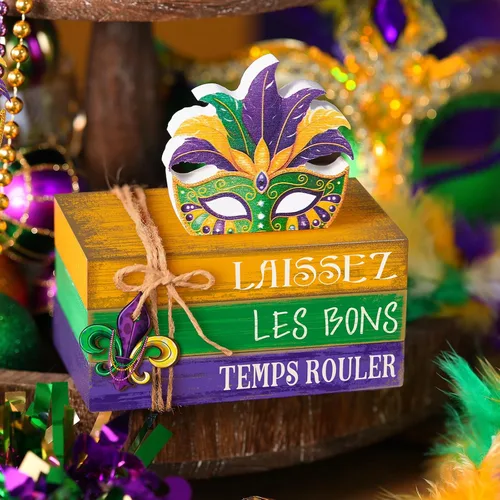Vista 3 de 4 piezas de decoraciones de Mardi Gras para el hogar, centros de mesa de Mardi Gras, máscaras de mascarada, decoraciones de mesa, bloques de madera