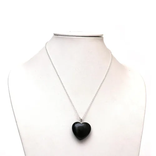 Vista 2 de Gempires Natural Black Obsidian Heart Crystals Pendant Necklace, Silver Plated 18 + 2 Inch Adjustable Chain (Black Obsidian)