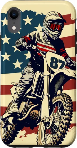 Vista 24 de Funda vintage para iPhone 16 Motocross Rider Dirt Bike con bandera estadounidense