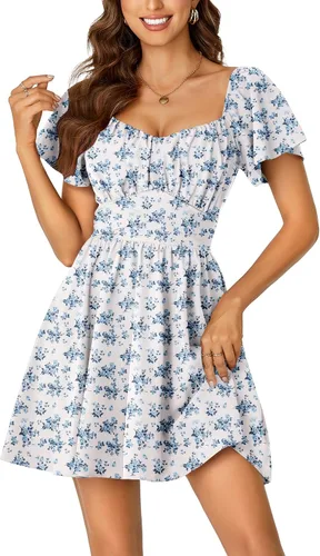 Vista 15 de Rooscier Minivestido acampanado de manga corta con volantes, cuello cuadrado, envolvente y espalda anudada para mujer