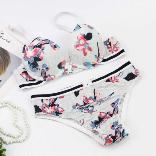 Vista 4 de Swbreety Conjunto de sujetador y bragas para mujer Push Up Floral Impreso conjunto de lencería con aros