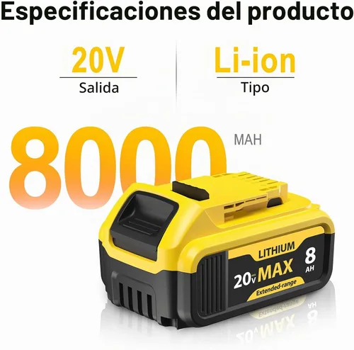 Vista 3 de Paquete de 4 baterías de iones de litio de 8000 mAh para batería Dewalt de 20 V Max, compatible con herramientas DCB200 DCB201 DCB204 DCB206 DCB207