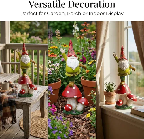 Vista 5 de DUSVALLY Estatua de gnomo de jardín de 13 pulgadas con base de hongo, decoración de gnomo de resina caprichosa para exteriores, patio, césped