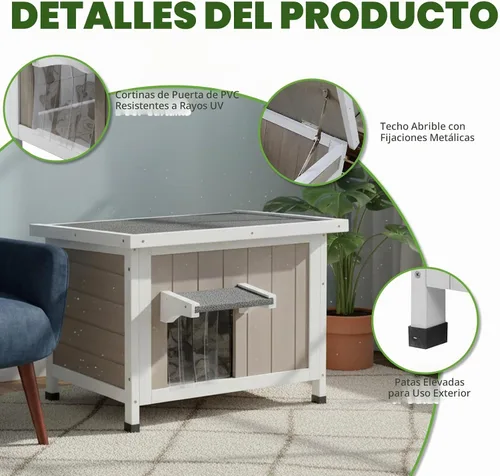 Vista 3 de Casa para gatos al aire libre, refugio de madera resistente a la intemperie para gatos interiores con cortinas de PVC transparentes, techo