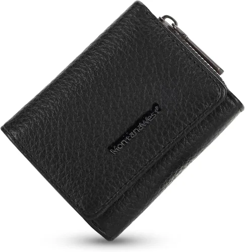 Vista 7 de Montana West Billetera pequeña para mujer, de piel auténtica, triple pliegue, tarjetero Rfid con cremallera y bolsillo para monedas, Un negro, Casual
