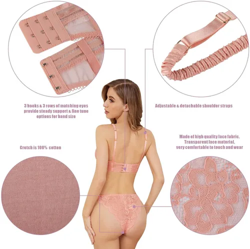 Vista 5 de Conjunto de lencería de encaje suave para mujeres Conjunto de sujetador y bragas de encaje floral de encaje transparente