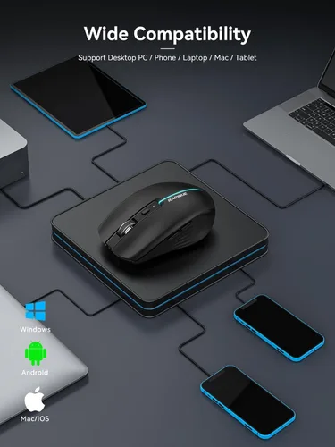 Vista 7 de RAPIQUE Ratón Inalámbrico Bluetooth - (BT1/BT2+USB) Tri-Modo de Alto Rendimiento, Recargable, Clic Silencioso, Compatibilidad Multi-Dispositivo