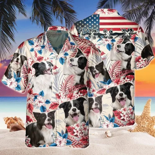 Vista 2 de Juego de camisas hawaianas del Día de la Independencia para hombres y mujeres Amante de los perros con botones para hombre, camisas hawaianas