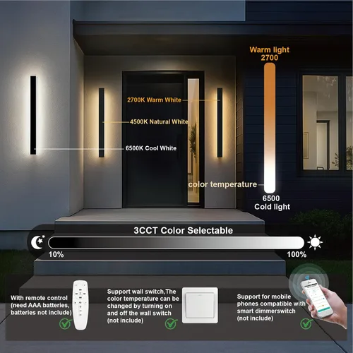 Vista 3 de Luces de pared modernas para exteriores de 39 pulgadas, 2700 K-6500 K, aplique de pared al aire libre regulable seleccionable con control remoto