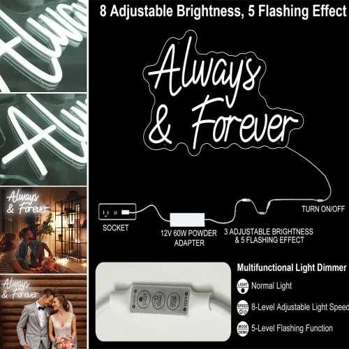 Vista 4 de Letreros de neón con texto en inglés «Always and Forever» para decoración de pared, de compromiso, de neón, para boda, propuesta, aniversario