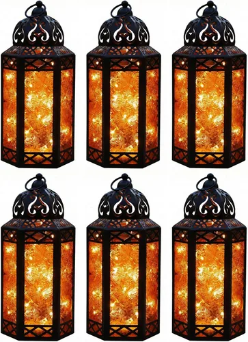Vista 19 de VELA LANTERNS Juego de 2 portavelas decorativos de LED con luces de hadas de 12" de metal marroquí para colgar o mesa, decoración del hogar