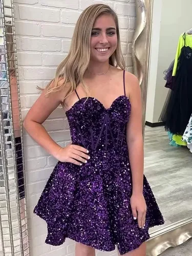 Vista 3 de Xijun Sequin Homecoming Dresses Short for Teens Sparkly Spaghetti Strap Prom Dress Cocktail Party Gown