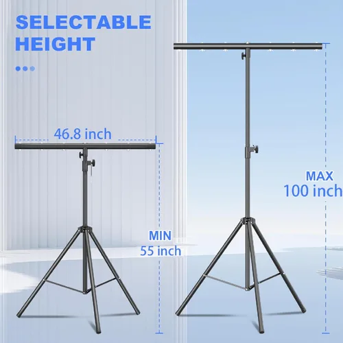 Vista 3 de Soporte de luces de DJ con barra redonda en T, trípode resistente Par Can para 7 luces, soporte de luz de escenario, altura ajustable de 41 a 95