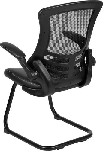 Vista 8 de EMMA + OLIVER Silla de recepción lateral con base de trineo de malla negra con asiento LeatherSoft y brazos abatibles