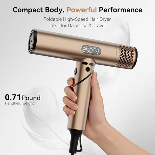 Vista 2 de Secador de pelo de alta velocidad de 110,000 RPM, secador de pelo iónico profesional de 1600 W con difusor, secado rápido, bajo ruido, plegable