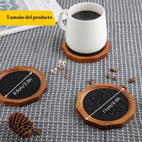 Vista 6 de Posavasos de Madera para Bebidas Absorbentes con Borde, 4.3 Pulgadas Posavasos Rústicos de Acacia Negra con Soporte de Feltro para Mesa de Café