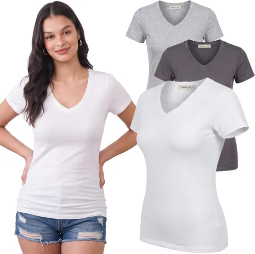 Vista 131 de Emmalise Camiseta de manga corta para mujer, cuello en V, tallas junior y plus