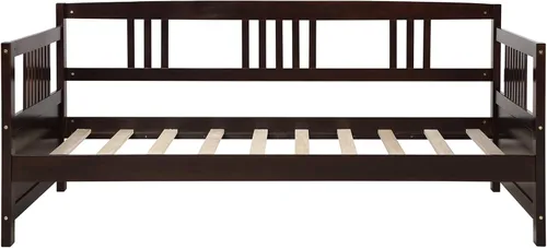 Vista 4 de P PURLOVE Sofá cama individual de madera con rieles, cama individual, listones de madera que soportan la vida moderna, individual, espresso