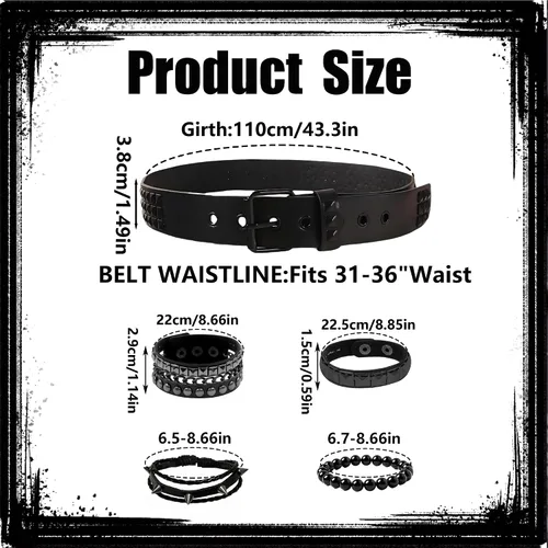 Vista 2 de YMO Cinturón con tachuelas negras, pulsera con tachuelas, cinturón emo, gótico, punk, rock, remache, brazaletes emo, joyería gótica, accesorios emo