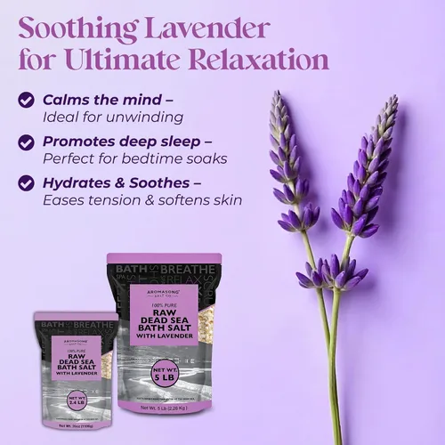 Vista 6 de Aromasong Sal pura cruda del mar muerto para remojar con lavanda 100% natural, 2.43 libras, sal de baño de spa de grano fino, exfoliante de lavado