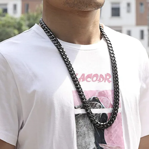 Vista 5 de ROWIN&CO - Cadena para hombre, color negro, pesada, grande, de acero inoxidable 316L, cadena de eslabones cubanos, cadena de joyería de hip hop