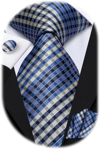 Vista 279 de Hi-Tie Corbata clásica de cachemira para hombre con pañuelo y gemelos a cuadros