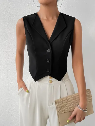 Vista 4 de Verdusa Chaleco corto sin mangas con cuello de solapa frontal y botones para mujer