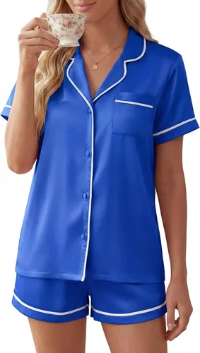 Vista 2 de LYANER Pijama de satén para mujer de seda de 2 piezas de pijama de manga corta con botones Azul brillante