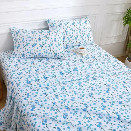 Vista 6 de Viviland Juego de sábanas tamaño individual con estampado de flores azules frescas de 3 piezas, sábanas de microfibra suave y transpirable