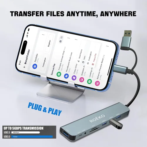 Vista 6 de Concentrador USB, adaptador multipuerto USB C, divisor USB con 1 USB 3.0, 4 x USB 2.0, 2 USB C, concentrador USB c para dispositivos MacBook