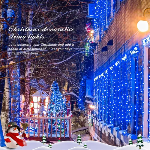 Vista 8 de JMEXSUSS 150 luces LED azules de Navidad para interiores y exteriores, luces de cadena conectables de 59 pies con enchufe, 8 modos de luces de hadas