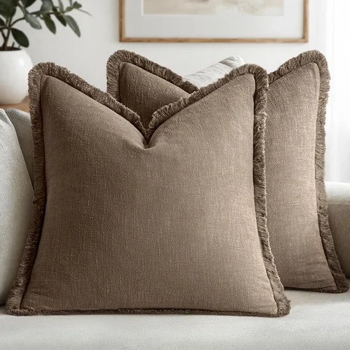 Vista 32 de MIULEE Juego de 2 fundas de almohada decorativas de lino neutro con flecos, fundas de cojín de estilo bohemio con borlas para sofá, cama, sala