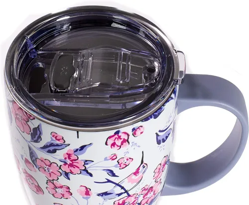 Vista 2 de Vera Bradley Taza de café aislada con asa, taza de 18 onzas de acero inoxidable con tapa, taza térmica de metal con flores rosadas, colibrí Ditsy