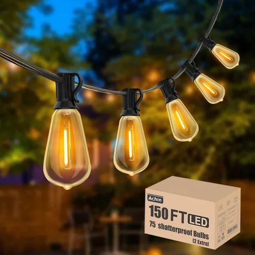 Vista 18 de Achin 50FT Solar String Lights Outdoor with 32 LED Bulbs 1.5FT Bulbs Spacing,Patio String Lights Whith Remote, IP65 Waterproof, 3600mAm Battery