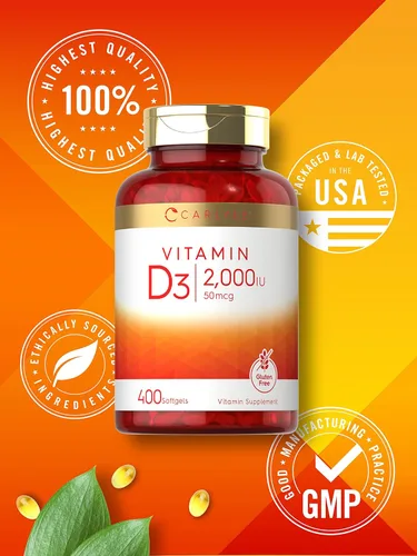Vista 5 de Carlyle Vitamina D3 2000IU cápsulas blandas 400 unidades Fórmula sin OMG, sin gluten 50 mcg Suplemento de vitamina D