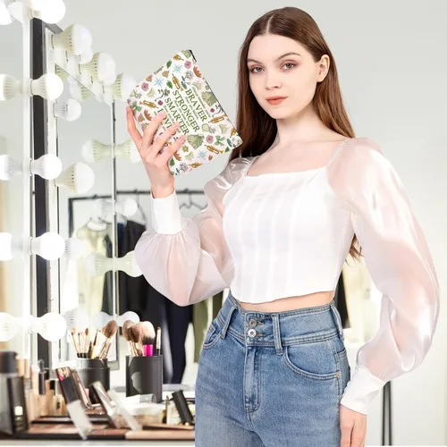 Vista 4 de MEIKIUP Bolsa de maquillaje de rana, bolsas de cosméticos de viaje de rana, eres más valiente más fuerte de lo que piensas bolsa con cremallera