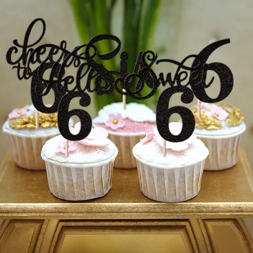 Vista 7 de Rsstarxi Paquete de 30 adornos para cupcakes de 6º cumpleaños con purpurina negra de seis Hello 6 para cupcakes Cheers to 6 años de edad