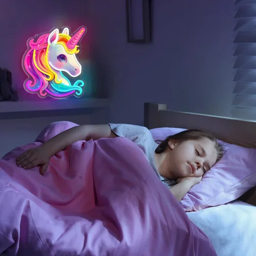 Vista 6 de Letrero de neón de unicornio, coloridos letreros de neón de unicornio para decoración de pared, luces de neón acrílicas regulables para habitación