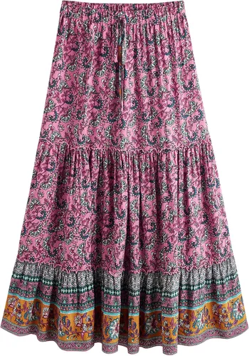 Vista 14 de Milumia Women Boho Vintage Floral Print Long Skirt Summer Tiered Maxi Skirt