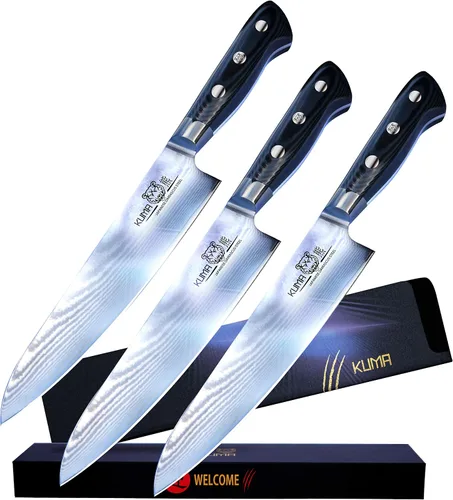 Vista 13 de KUMA Cuchillo profesional de acero de Damasco y cuchillo de chef Pro Bolster Edition con acero al carbono japonés endurecido – Cuchillo de chef de 8