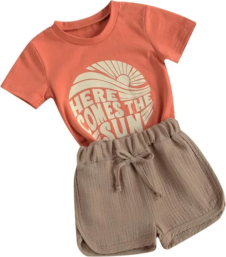 Vista 2 de fhutpw Conjunto de 2 piezas de ropa de verano para bebés, camiseta de manga corta, cintura elástica, pantalones cortos para niños pequeños