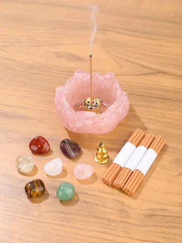 Vista 5 de Jovivi Crystal Incense Holders Set,Rose Quartz Lotus Resin Burner Rose Quartz Crystal