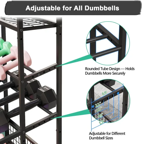 Vista 3 de Soporte para mancuernas de 3 niveles, estante de peso ajustable para gimnasio en casa Heavy-duty stand with hooks for dumbbells, kettlebells, foam