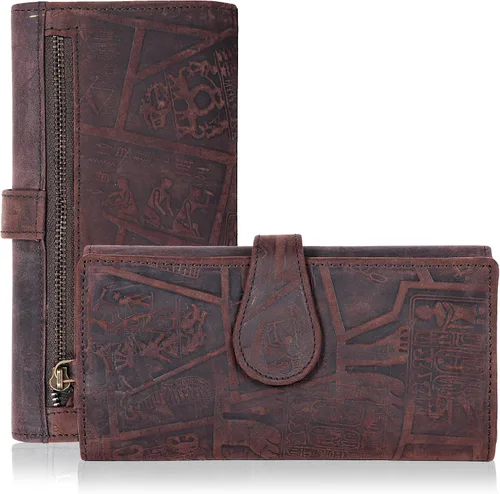 Vista 15 de Cartera de cuero genuino para mujer de cuero con bloqueo RFID - Tarjetero triple de diseñador para damas tipo clutch con ventana de identificación