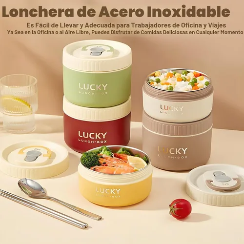 Vista 2 de Lonchera de acero inoxidable, caja bento aislada sellada de 3 niveles para mantener caliente para adultos, contenedor de alimentos térmico