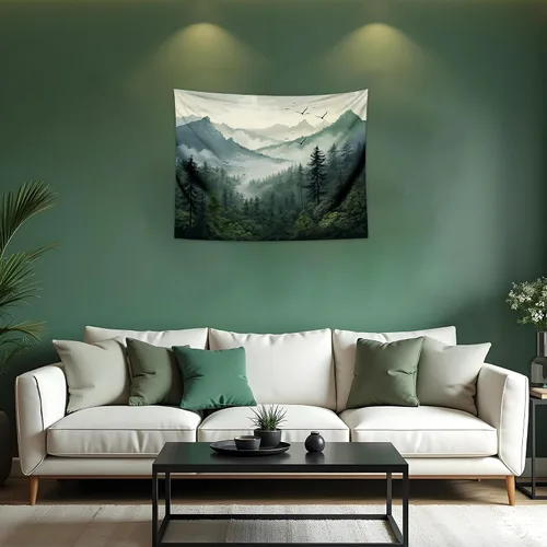 Vista 26 de QGHOT Tapiz de bosque brumoso, tapiz de montaña natural para colgar en la pared, paisaje de acuarela verde salvia, arte de pared para dormitorio
