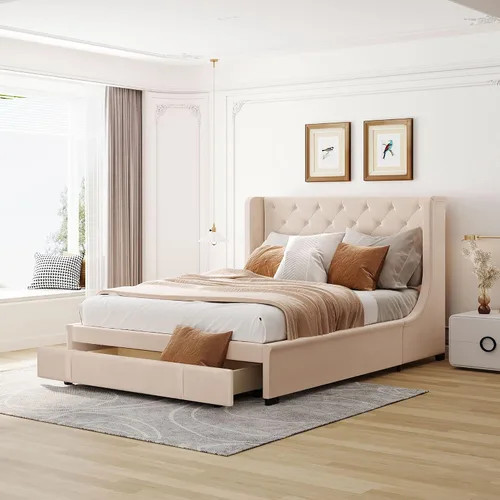 Vista 10 de VilroCaz Cama de plataforma suave de terciopelo de tamaño matrimonial de 52 pulgadas de alto y decoración de remaches, cama con plataforma