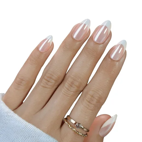 Vista 2 de Paquete de 6 uñas postizas a presión con forma de almendra media, uñas postizas acrílicas de cobertura completa con diseños de cromo rosa francés