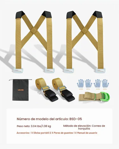 Vista 7 de VEVOR - Correas de mudanza, sistema de elevación para 2 personas con 2 correas de arnés, 2 de carga y 1 manual, correas ajustables para elevar